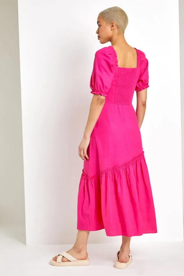 Women Pink Square Neck Asymmetric Tiered Midi Dress Roman Dresses