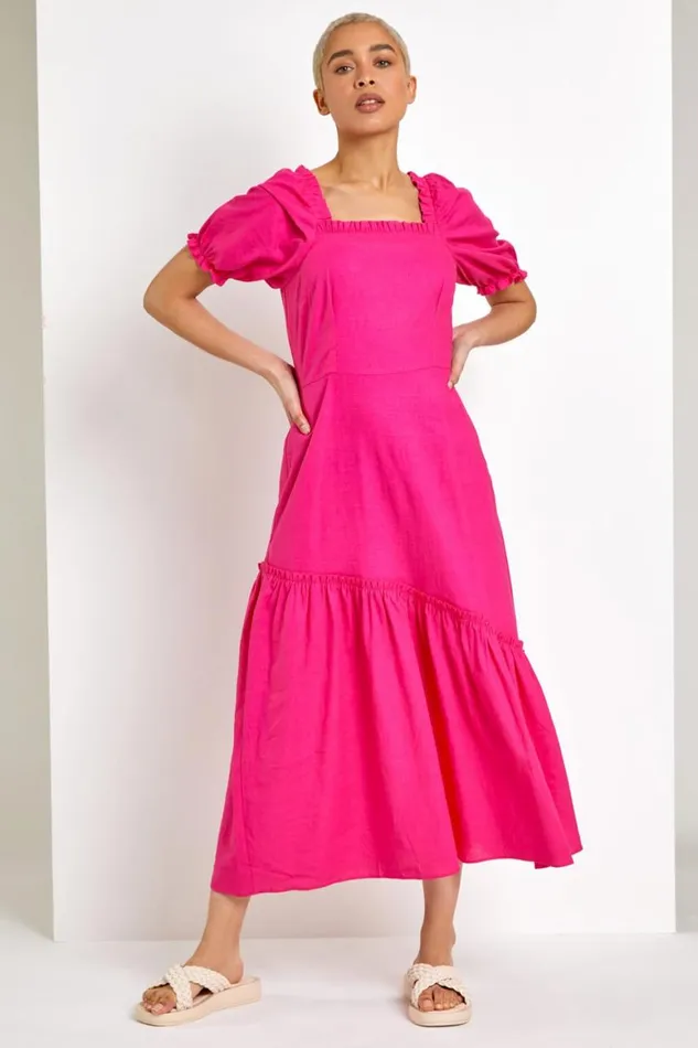 Women Pink Square Neck Asymmetric Tiered Midi Dress Roman Dresses
