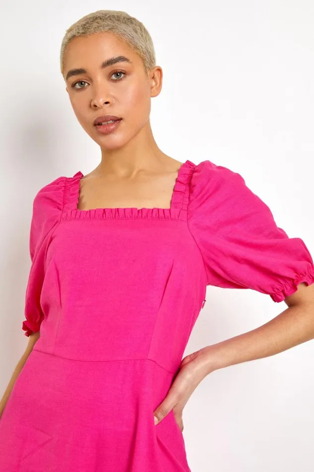 Women Pink Square Neck Asymmetric Tiered Midi Dress Roman Dresses