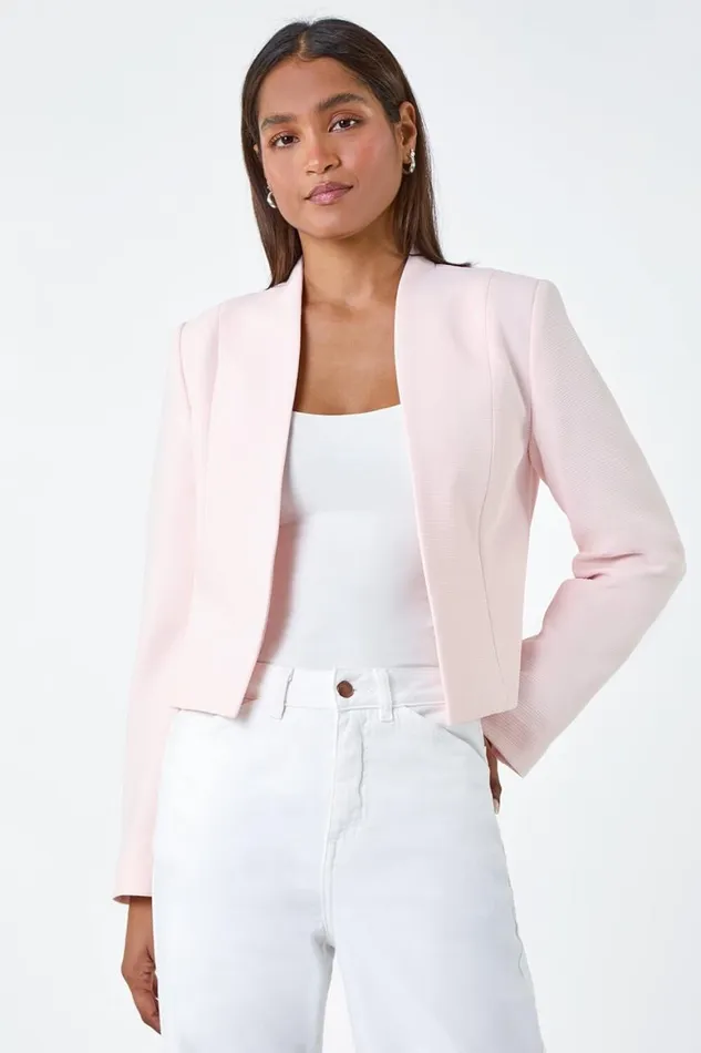 Women Pink Textured High Neck Jacket Roman Occasionwear