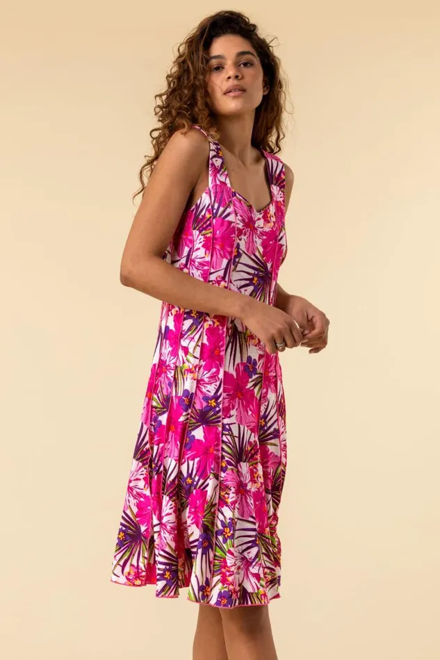 Women Pink Tropical Floral Panel Skater Dress Roman Dresses