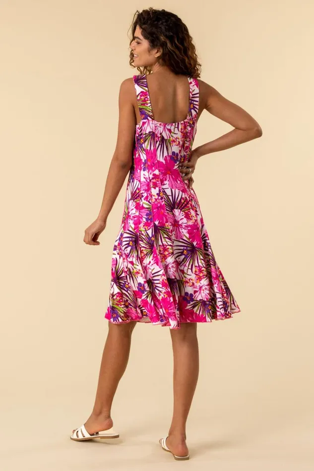 Women Pink Tropical Floral Panel Skater Dress Roman Dresses