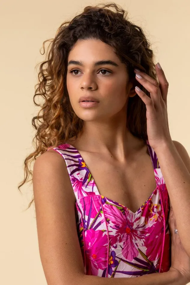 Women Pink Tropical Floral Panel Skater Dress Roman Dresses