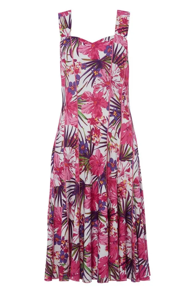 Women Pink Tropical Floral Panel Skater Dress Roman Dresses