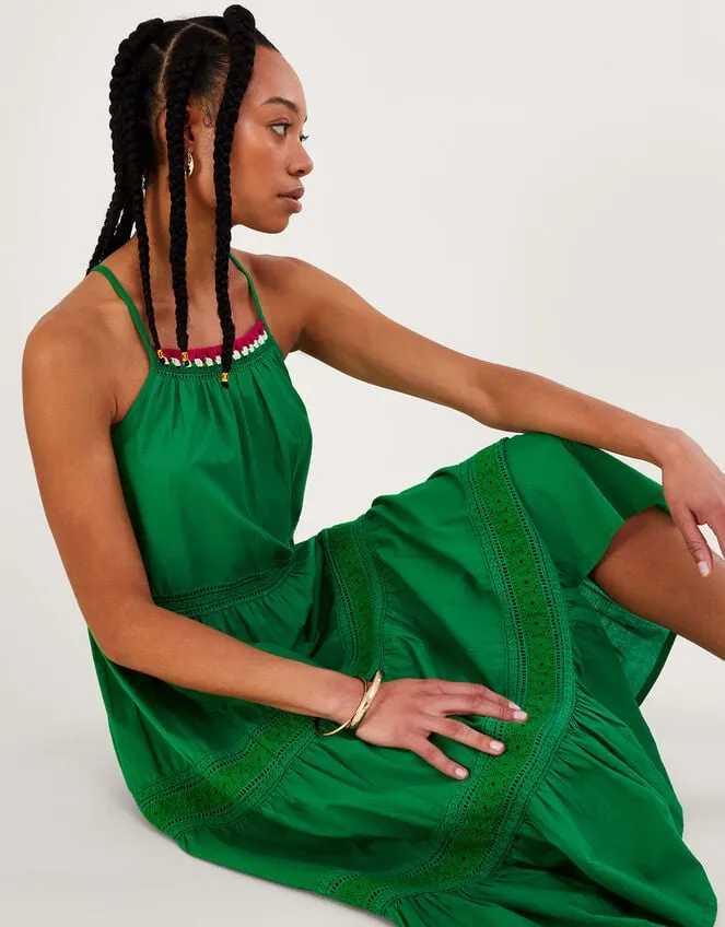 Women Plain Broderie Lace Trim Midi Dress In Sustainable Cotton Green Monsoon Dresses