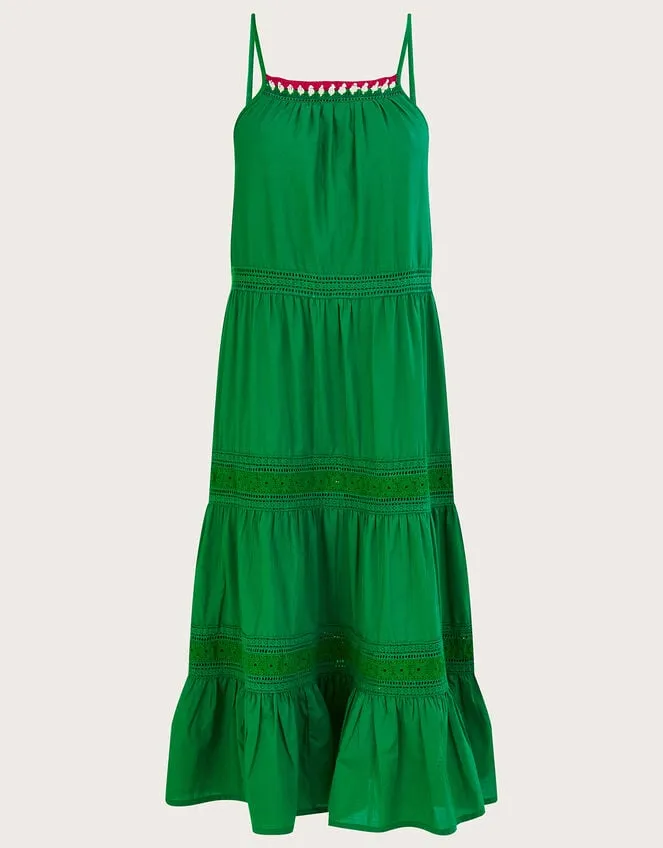 Women Plain Broderie Lace Trim Midi Dress In Sustainable Cotton Green Monsoon Dresses