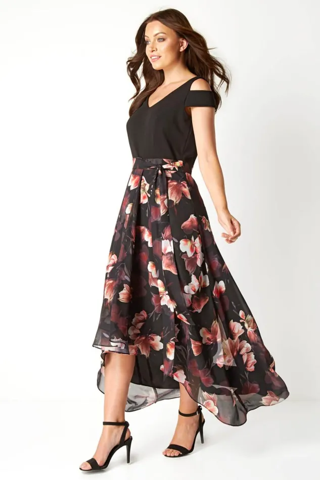 Women Plum Floral Print Cold Shoulder Maxi Dress Roman Dresses