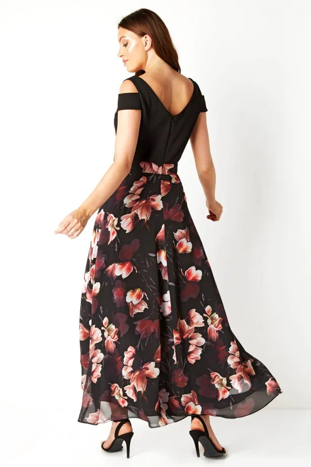 Women Plum Floral Print Cold Shoulder Maxi Dress Roman Dresses