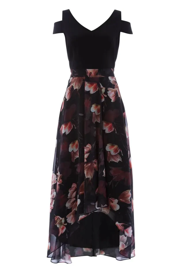 Women Plum Floral Print Cold Shoulder Maxi Dress Roman Dresses