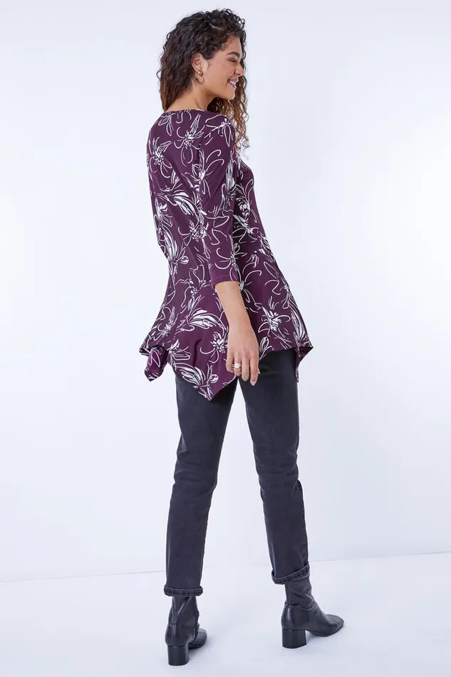 Women Plum Linear Floral Print Hanky Hem Top Roman Tops