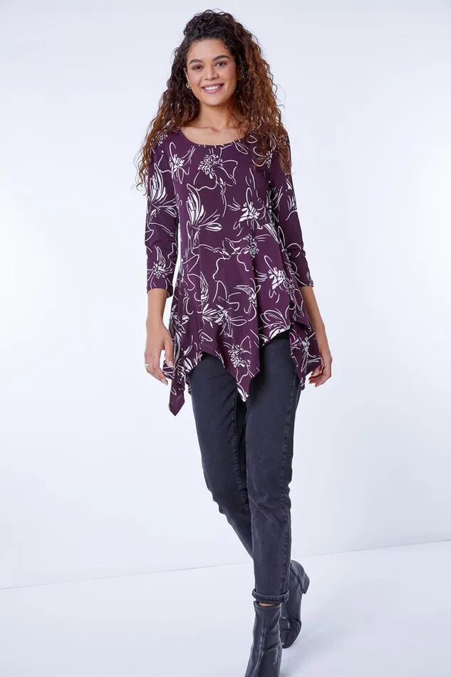 Women Plum Linear Floral Print Hanky Hem Top Roman Tops