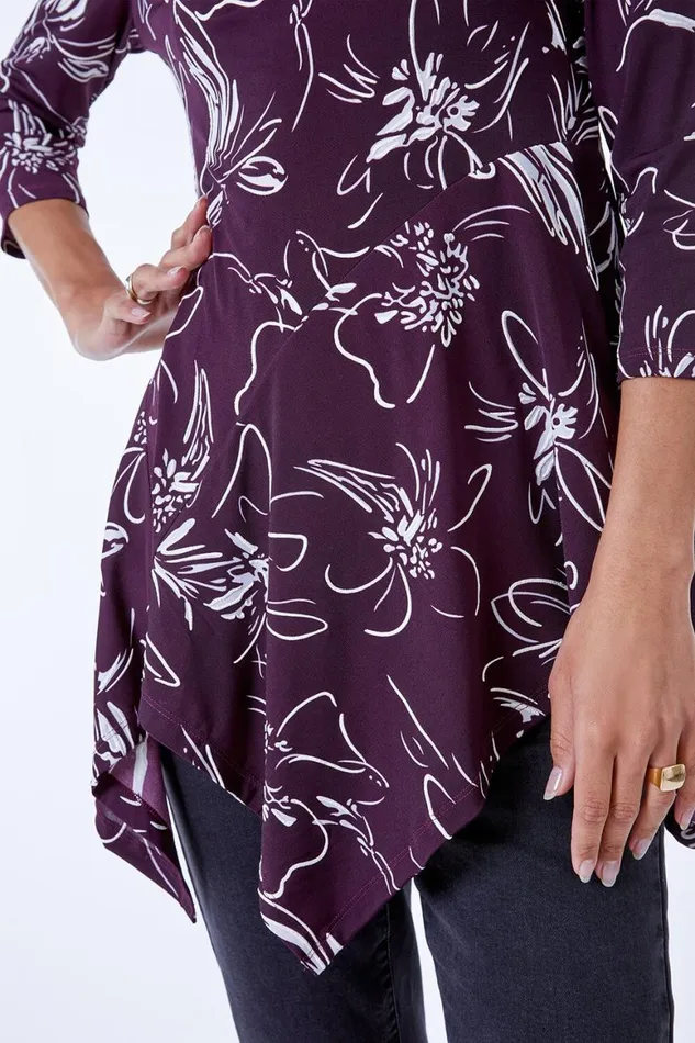 Women Plum Linear Floral Print Hanky Hem Top Roman Tops