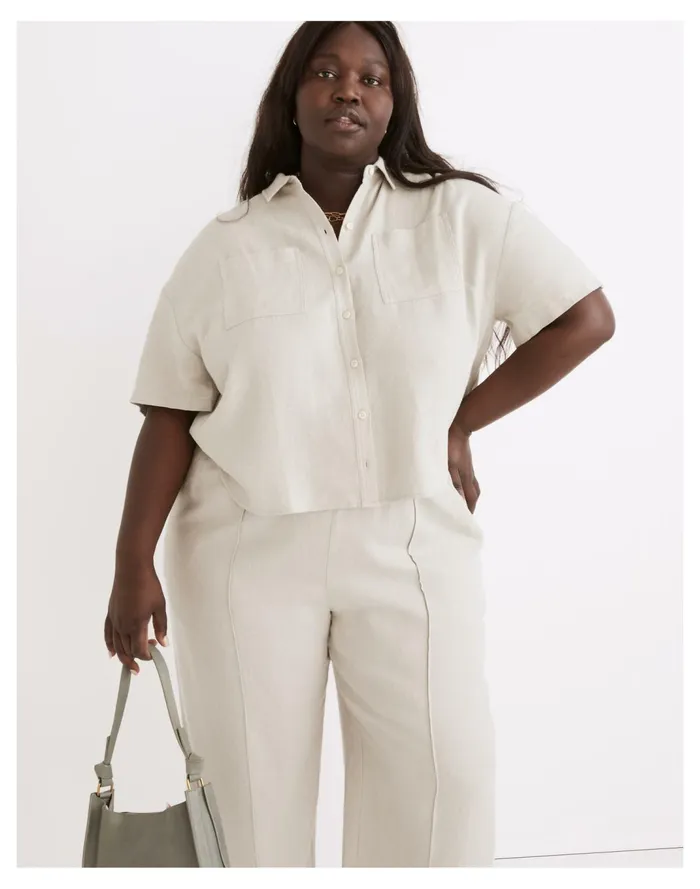 Women Plus Breezewoven Beachside Shirttail Top Ashen Sage Madewell Tops and Shirts