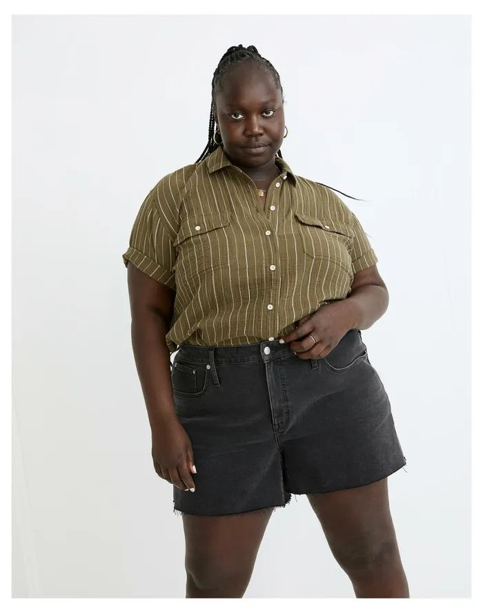 Women Plus Lightspun Short Sleeve Flap Pocket Shirt In Stripe Kale Madewell Tops and Shirts Women Plus Lightspun Short Sleeve Flap Pocket Shirt In Stripe Kale Madewell Tops and Shirts