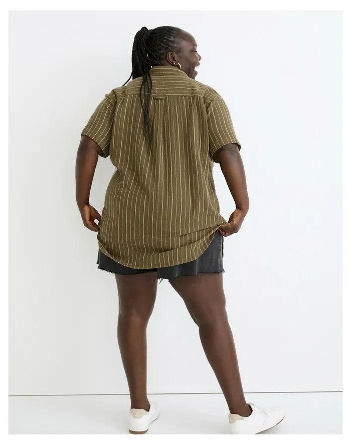 Women Plus Lightspun Short Sleeve Flap Pocket Shirt In Stripe Kale Madewell Tops and Shirts Women Plus Lightspun Short Sleeve Flap Pocket Shirt In Stripe Kale Madewell Tops and Shirts