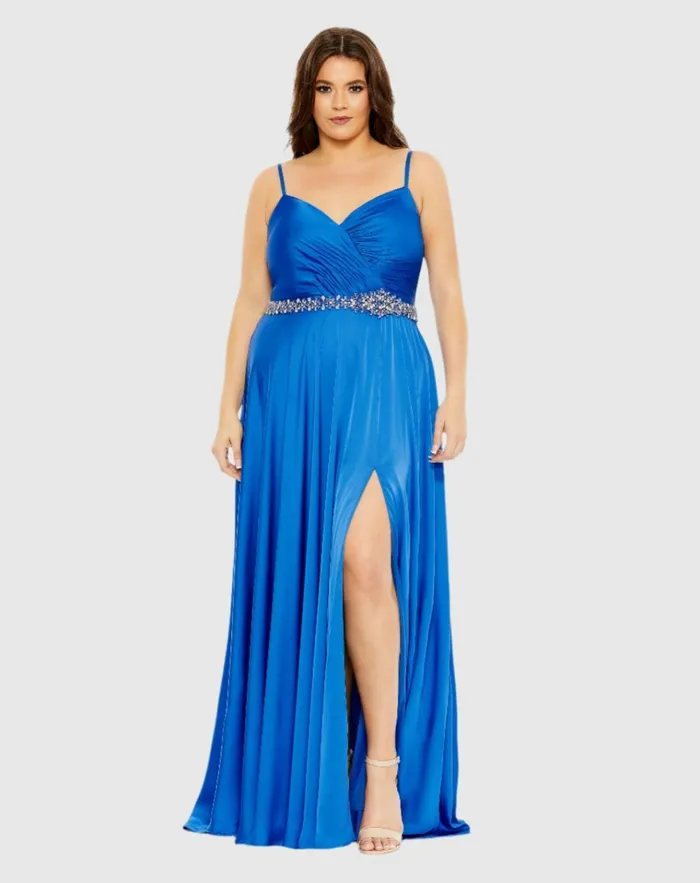 Women Plus Size Dresses Mac Duggal Beaded Belt Faux Wrap A Line Gown Plus Cobalt