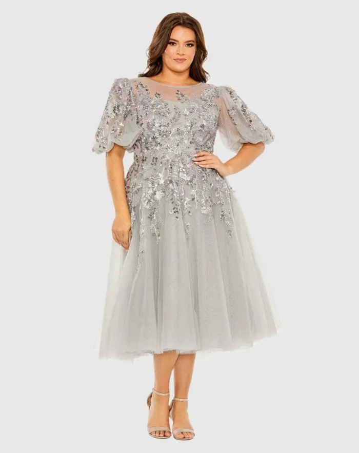 Women Plus Size Dresses Mac Duggal Gray Puff Sleeve Glitter Embellished Dress Charcoal
