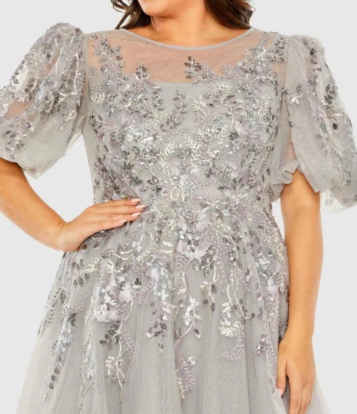 Women Plus Size Dresses Mac Duggal Gray Puff Sleeve Glitter Embellished Dress Charcoal