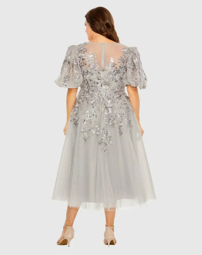 Women Plus Size Dresses Mac Duggal Gray Puff Sleeve Glitter Embellished Dress Charcoal