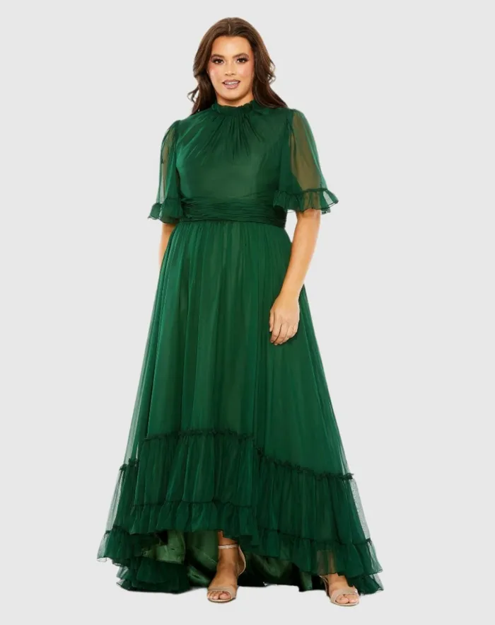 Women Plus Size Dresses Mac Duggal High Neck Flutter Sleeve Ruffle Tiered High Low Gown Black Women Plus Size Dresses Mac Duggal High Neck Flutter Sleeve Ruffle Tiered High Low Gown Black
