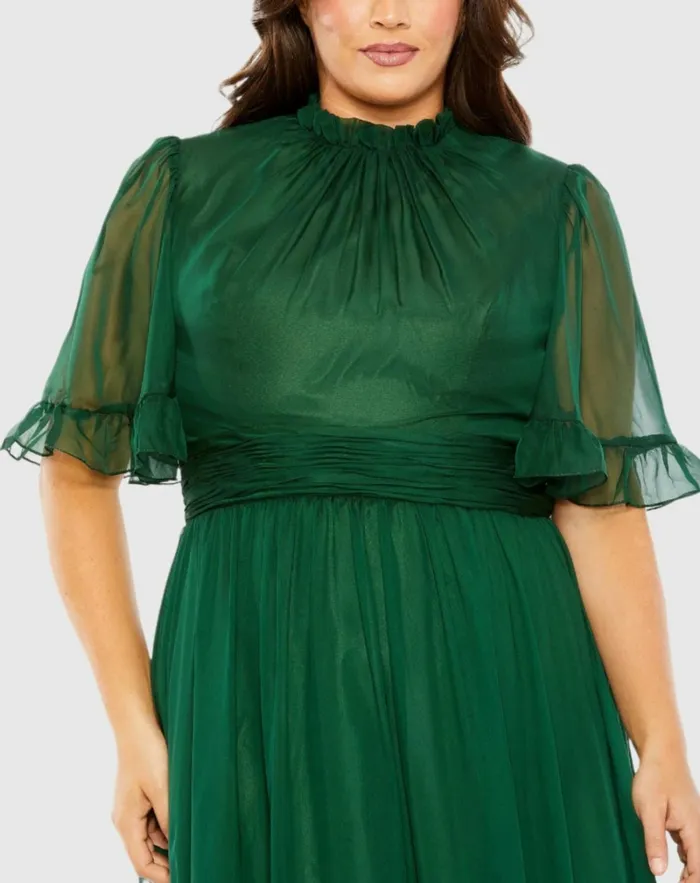 Women Plus Size Dresses Mac Duggal High Neck Flutter Sleeve Ruffle Tiered High Low Gown Black