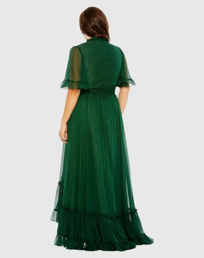Women Plus Size Dresses Mac Duggal High Neck Flutter Sleeve Ruffle Tiered High Low Gown Black
