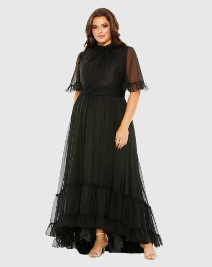 Women Plus Size Dresses Mac Duggal High Neck Flutter Sleeve Ruffle Tiered High Low Gown Black
