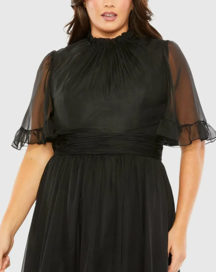 Women Plus Size Dresses Mac Duggal High Neck Flutter Sleeve Ruffle Tiered High Low Gown Black