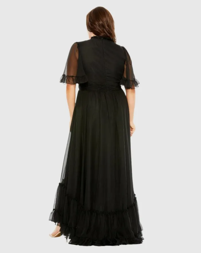 Women Plus Size Dresses Mac Duggal High Neck Flutter Sleeve Ruffle Tiered High Low Gown Black