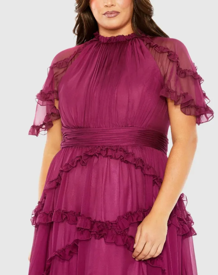 Women Plus Size Dresses Mac Duggal High Neck Ruffle Tiered Flutter Sleeve Plus Size Dress Raspberry