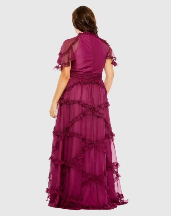 Women Plus Size Dresses Mac Duggal High Neck Ruffle Tiered Flutter Sleeve Plus Size Dress Raspberry