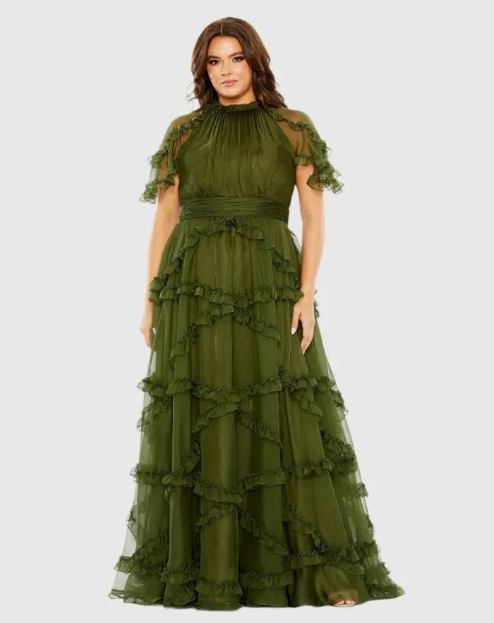 Women Plus Size Dresses Mac Duggal High Neck Ruffle Tiered Flutter Sleeve Plus Size Dress Raspberry