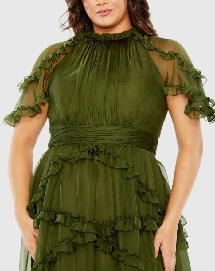 Women Plus Size Dresses Mac Duggal High Neck Ruffle Tiered Flutter Sleeve Plus Size Dress Raspberry
