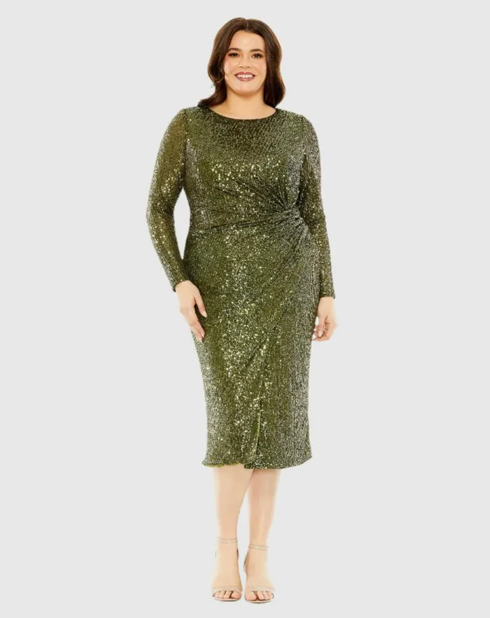 Women Plus Size Dresses Mac Duggal Long Sleeve Sequin Gathered Waist Dress Black