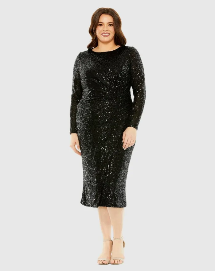 Women Plus Size Dresses Mac Duggal Long Sleeve Sequin Gathered Waist Dress Black Women Plus Size Dresses Mac Duggal Long Sleeve Sequin Gathered Waist Dress Black
