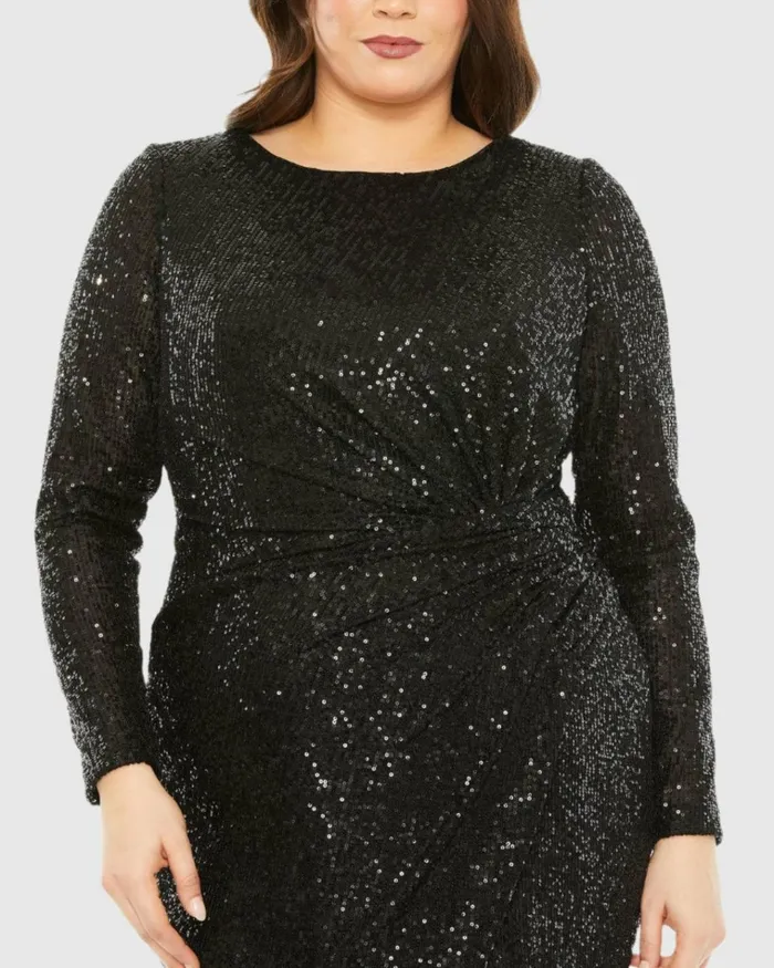 Women Plus Size Dresses Mac Duggal Long Sleeve Sequin Gathered Waist Dress Black Women Plus Size Dresses Mac Duggal Long Sleeve Sequin Gathered Waist Dress Black