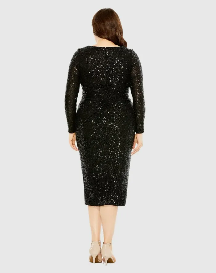 Women Plus Size Dresses Mac Duggal Long Sleeve Sequin Gathered Waist Dress Black Women Plus Size Dresses Mac Duggal Long Sleeve Sequin Gathered Waist Dress Black