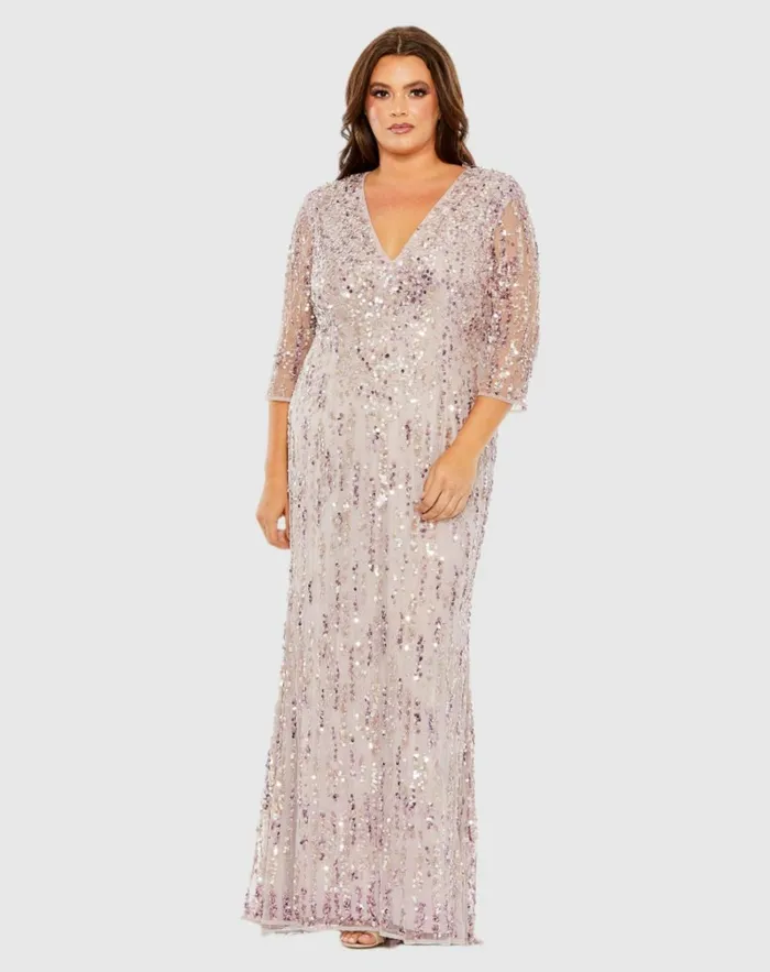 Women Plus Size Dresses Mac Duggal Mid Length Mesh Sleeve V Neck Embellished Dress Lilac Women Plus Size Dresses Mac Duggal Mid Length Mesh Sleeve V Neck Embellished Dress Lilac