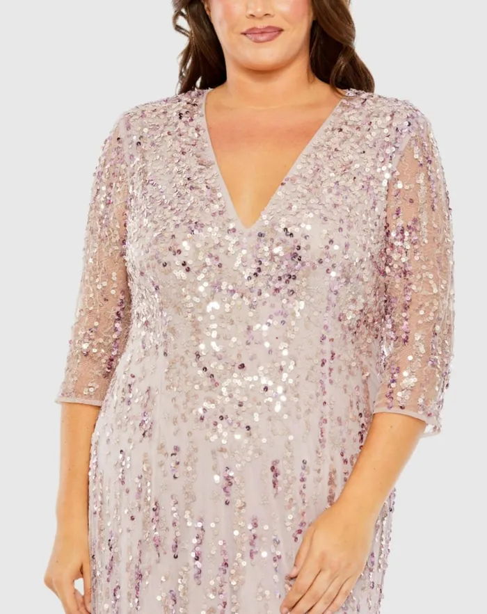Women Plus Size Dresses Mac Duggal Mid Length Mesh Sleeve V Neck Embellished Dress Lilac Women Plus Size Dresses Mac Duggal Mid Length Mesh Sleeve V Neck Embellished Dress Lilac