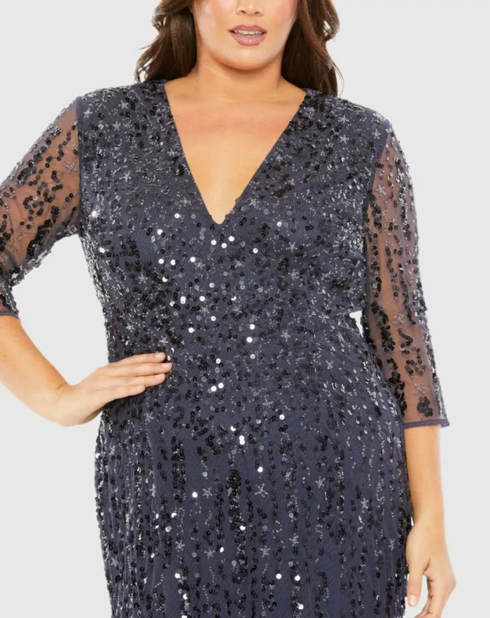 Women Plus Size Dresses Mac Duggal Mid Length Mesh Sleeve V Neck Embellished Dress Lilac Women Plus Size Dresses Mac Duggal Mid Length Mesh Sleeve V Neck Embellished Dress Lilac