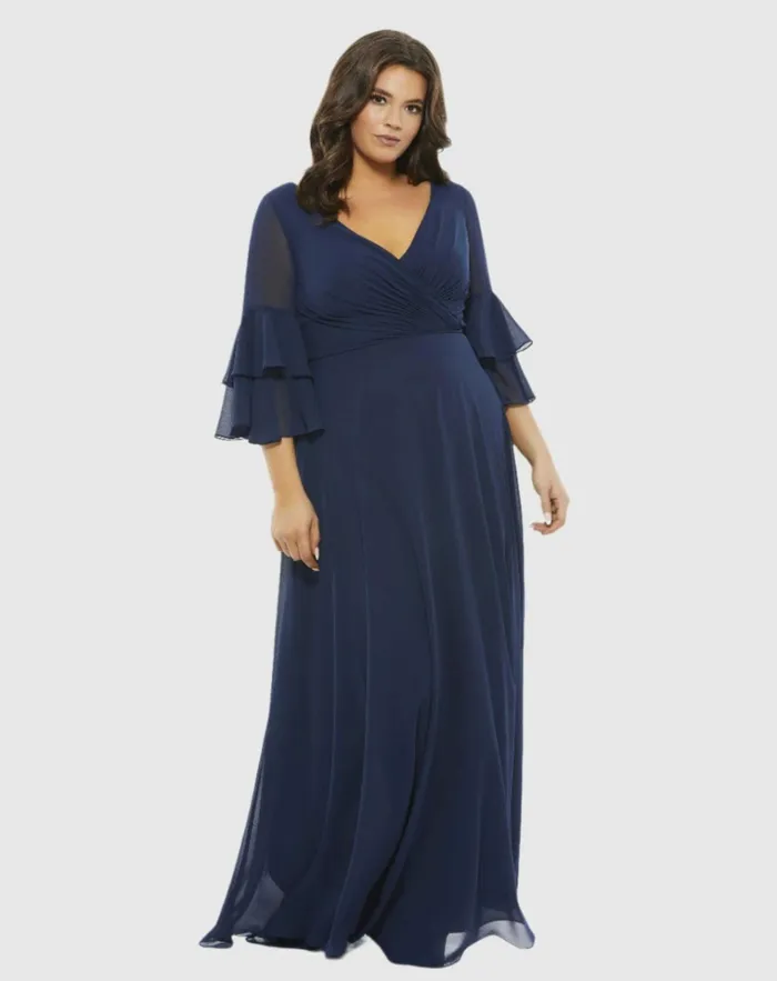 Women Plus Size Dresses Mac Duggal Pleated Bell Sleeve Chiffon Gown Plus Navy