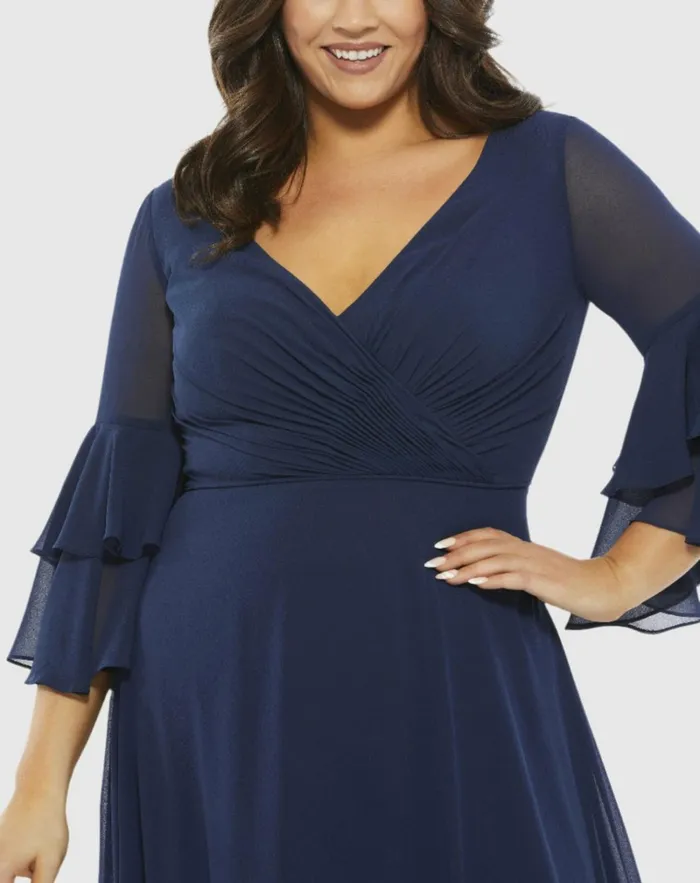 Women Plus Size Dresses Mac Duggal Pleated Bell Sleeve Chiffon Gown Plus Navy