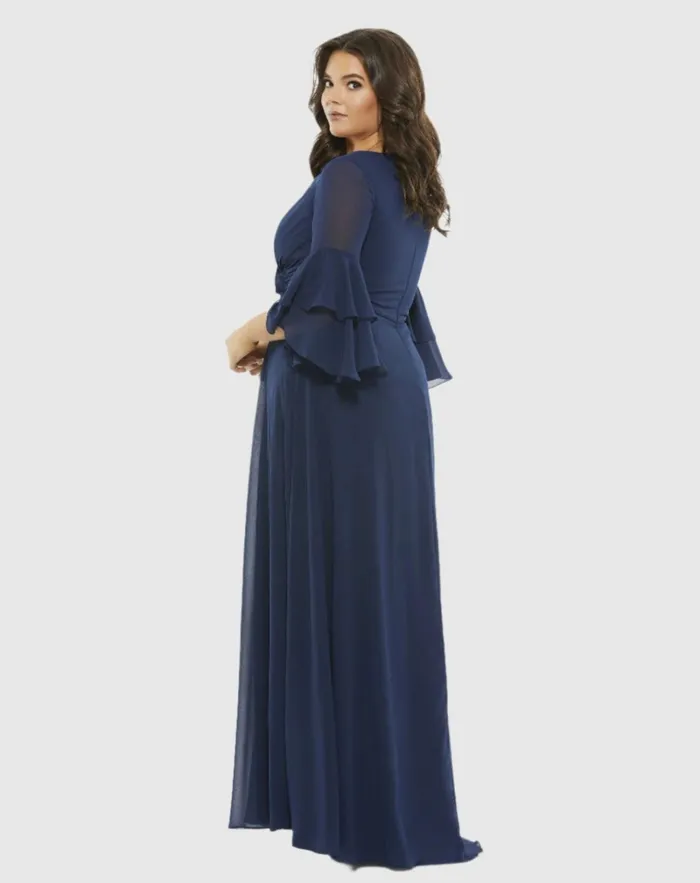 Women Plus Size Dresses Mac Duggal Pleated Bell Sleeve Chiffon Gown Plus Navy