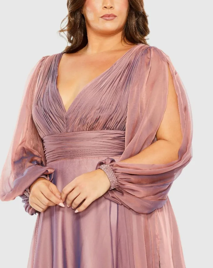 Women Plus Size Dresses Mac Duggal Puff Sleeve W Embellished Cuff V Neck A Line Dress Antique Rose
