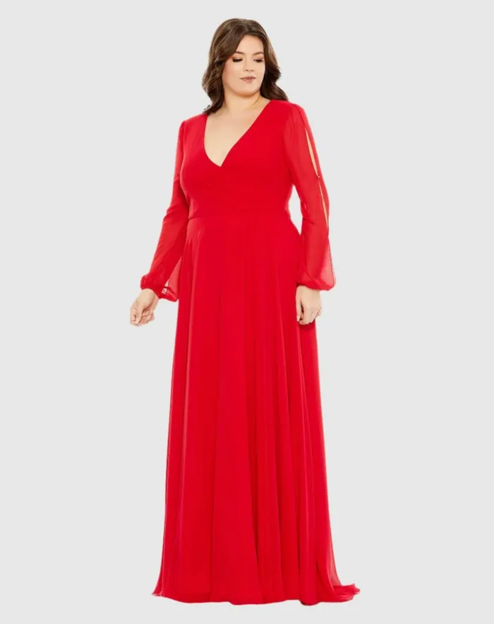 Women Plus Size Dresses Mac Duggal Split Puff Sleeve Faux Wrap A Line Gown Red