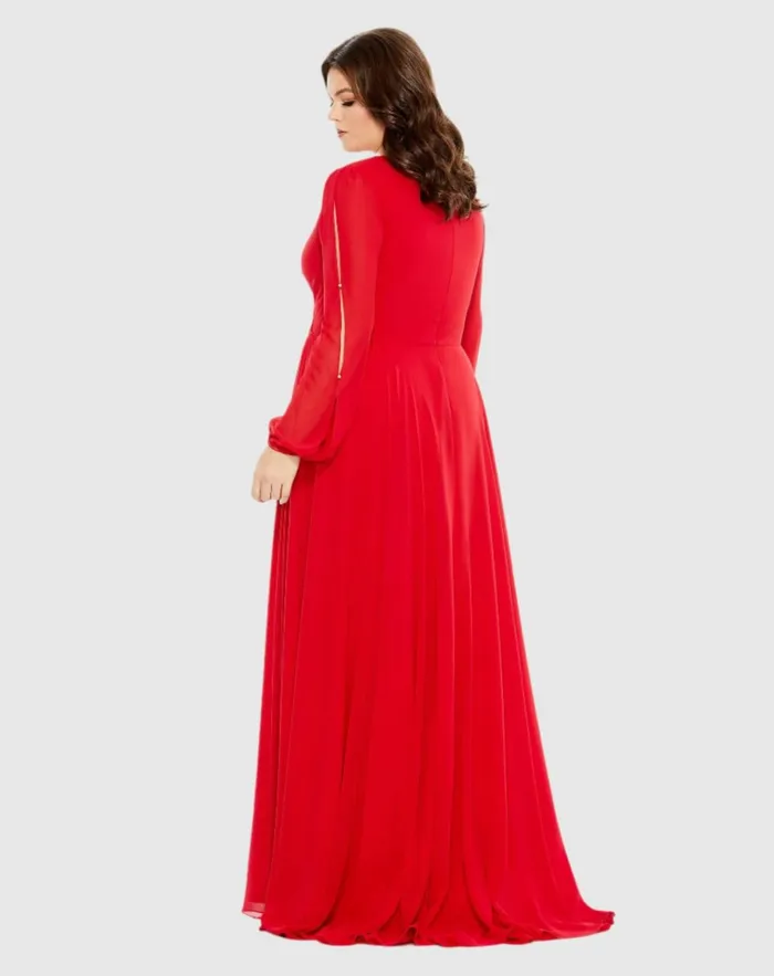 Women Plus Size Dresses Mac Duggal Split Puff Sleeve Faux Wrap A Line Gown Red Women Plus Size Dresses Mac Duggal Split Puff Sleeve Faux Wrap A Line Gown Red