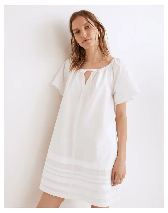Women Poplin Flutter Sleeve Pintuck Mini Dress Eyelet White Madewell Dresses