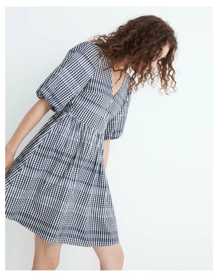 Women Poplin V Neck Bubble Sleeve Mini Dress In Plaid Craft Blue Madewell Dresses