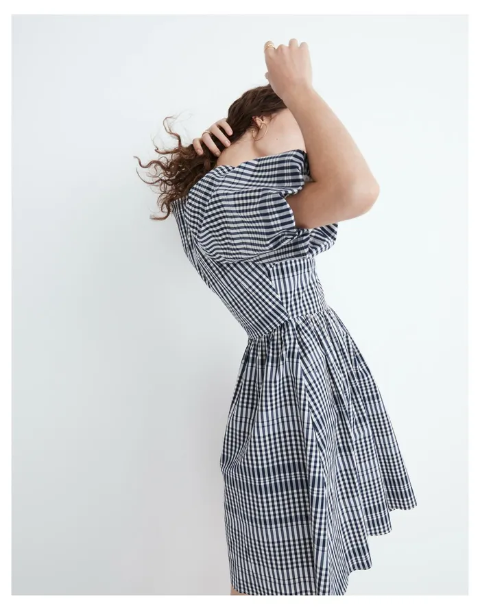 Women Poplin V Neck Bubble Sleeve Mini Dress In Plaid Craft Blue Madewell Dresses Women Poplin V Neck Bubble Sleeve Mini Dress In Plaid Craft Blue Madewell Dresses