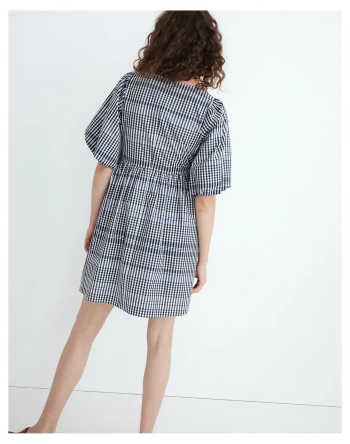 Women Poplin V Neck Bubble Sleeve Mini Dress In Plaid Craft Blue Madewell Dresses Women Poplin V Neck Bubble Sleeve Mini Dress In Plaid Craft Blue Madewell Dresses